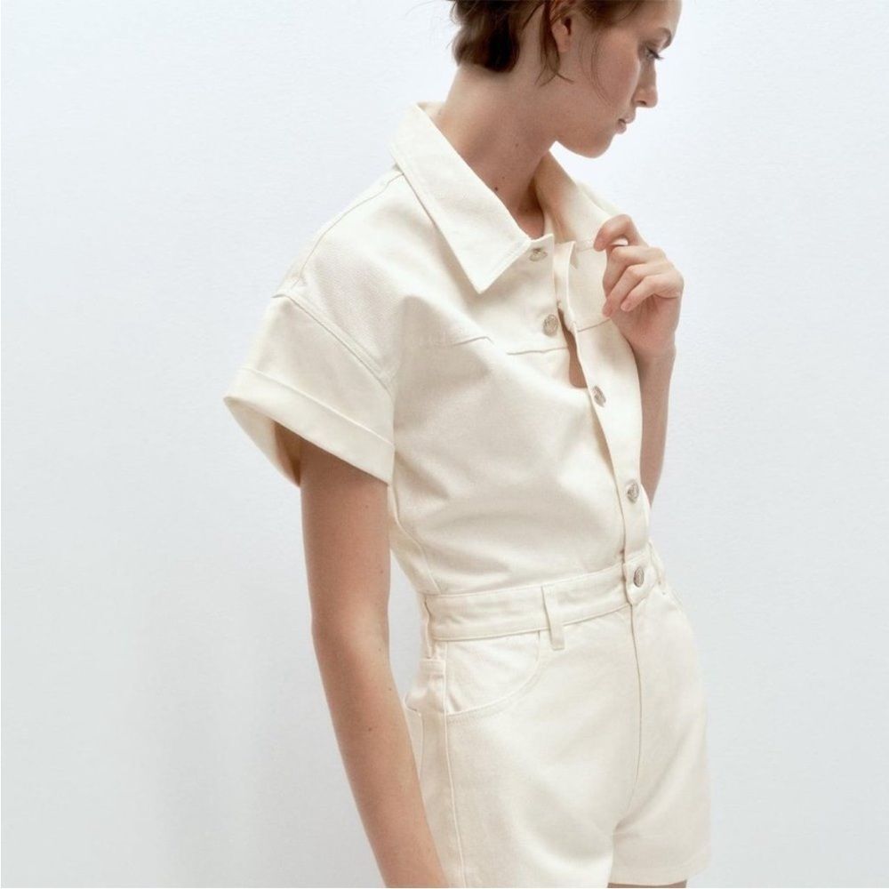 ZARA DENIM TRF SHIMMERY PLAYSUIT Cream size small - Picture 3 of 8
